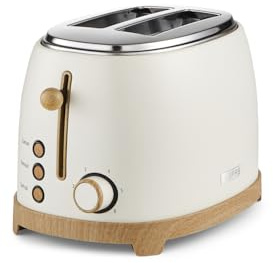 GEEPAS NordiQ 2 Slice Toaster | Matte Finish with Wood Accents | 6 Browning Levels Defrost Reheat & Cancel | High Lift Removable Crumb Tray Cool Touch Cord Storage | 2 Year Warranty 850W Cream