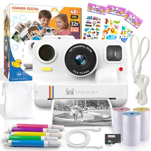 | TAGALOA® | Camara Fotos Infantil Instantaneas | 48MP con Impresión Térmica, Pantalla 2,4, Vídeo 1080P, Tarjeta SD 32GB y 3 Rollos Papel – Cámara Digital para Niños y Niñas de 3 a 12 Años (Blanco)
