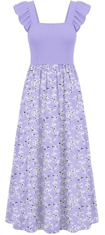 AUSELILY Femme été sans Manches Maxi Robe Fleurs Violet Clair L