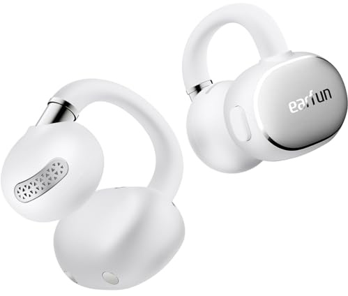 EarFun Clip 2 Open Ear-hörlurar, Clip-On Hörlurar | Hi-Res Audio, LDAC, 4 Micro och AI-samtal, trådlös laddning, 40H, Bluetooth 6.0, IP55, för löpning och sport, vit