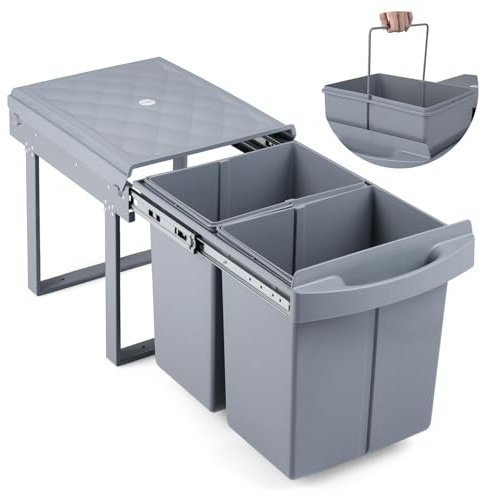 COSTWAY 40 L Cubo de Basura Cocina Extraíble, Papelera de Reciclaje con 2 Compartimentos Interiores, Correderas Lisas, Asas y Tapa Superior, Cubo Basura Extraible bajo Fregadero para Comedor Salón