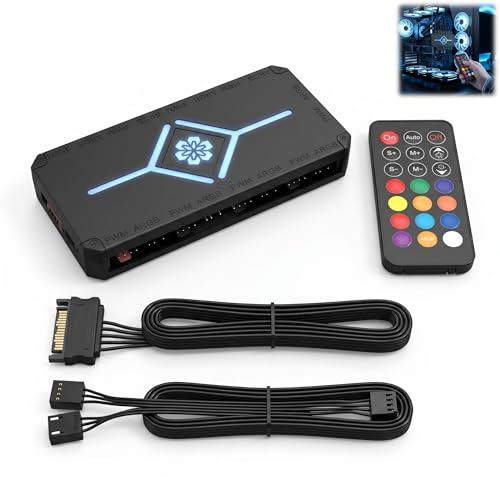 Hub ARGB PWM Ventiladores PC, Controlador ARGB 5V 3 Pines, Concentrador 2 en 1 con 9 Puertos, Controlador de Cables para PC con Alimentación SATA, Gestión Óptima de la Iluminación y la Refrigeración