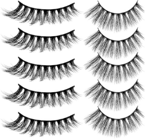 5 Pair Black 3D Thick False Eyelashes for Women and Girls Makeup | Lightweight Soft Chemical Fiber, Long Wispy Design, Natural Look, European American Style, Artificial Lash Set