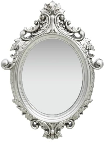 Runheo Espejo de pared estilo castillo plateado con marco ovalado 56 x 76 cm madera y poliuretano con gancho de fijación para dormitorio, baño y pasillo, diseño clásico, marco barroco decorativo