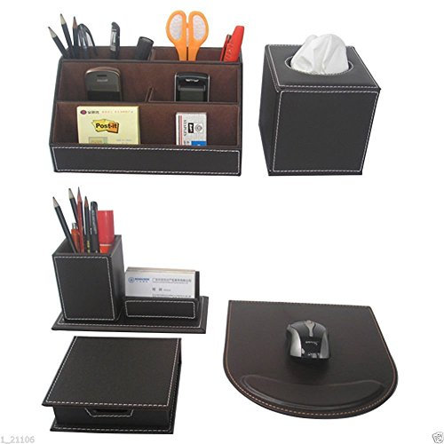 KINGFOM 5pcs Leder Schreibtisch Organizer Set - Inklusive Schreibtisch Organisator, Kosmetiktücherbox, Mauspad, Stifthalter mit Visitenkartenhalter und Zettelbox (T50K)