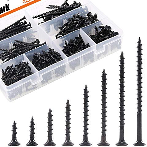 Rustark 390 pièces #7 Vis à bois à filetage épais pour cloison sèche avec clé Phillips Noir Oxyde Finsh Finsh Kit d'assortiment de vis à bois Idéal pour cloisons sèches cloisons sèches