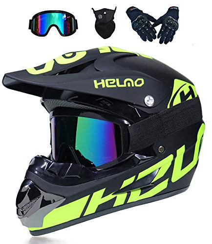 MRDEAR Motocrosshjälm, motorcykel crosshjälm med glasögon, handskar och mask (4 stycken) – svart grön – fullface MTB-hjälm barn off road crosshjälm, mopedhjälm, motorcykelhjälm för kvinnor och män (M)