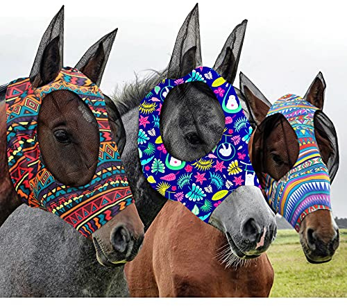 Frienda 3 Pieces Horse Fly Mask with Ears Adjustable UV Protection Breathability Horses Fly Masks Elasticity Smooth Comfortable Equine Face Covering(L)
