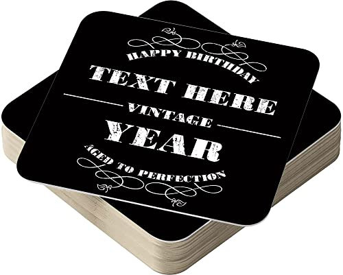 Personalised Beer Mats Pack of 24 - Birthday Coasters Party Decorations - Absorbent Recyclable Square Cardboard Gifts for Parties Home Bars Pubs - VINTAGE - BLACK - ADD a NAME and AGE