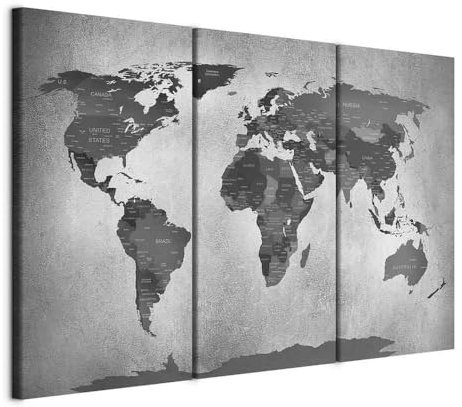 murando - Tableau Acoustique Carte du Monde 90x60 cm 3 Parties - Décoration Isolation Phonique Bureau Chambre Panneau Insonorisant Impression sur Toile - Carte du monde gris béton k-C-0088-b-e