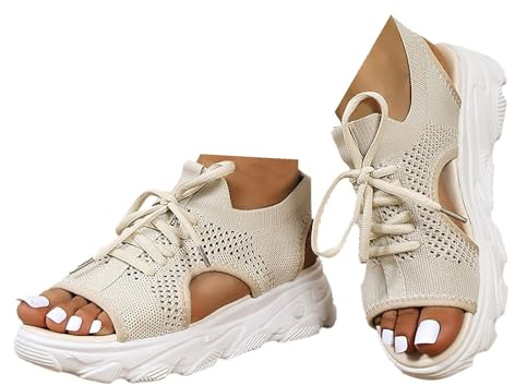 Dasongff Sandales de Sport et D'Extérieur Femme Maille été Chaussures Sport Respirantes Sandales de Marche à Lacets Confortable Sandale Baskets Légères Sandales Plates Bout Ouvert pour Femmes