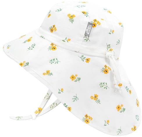 JAN & JUL Grow-with-Me Wide Brim Cotton Girls Sun-Hat for Toddler 50+ UPF (L: 2-5 Years, Yellow Flower)