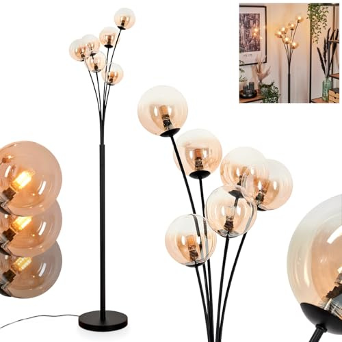 Stehleuchte Bernado, Stehlampe aus Metall/Glas in Schwarz/Bernstein/Klar, Leuchte im modernen Retro/Vintage-Design mit Schirmen aus Glas (Ø 12 cm), dimmbar über Fußschalter, 6 x G9, ohne Leuchtmittel