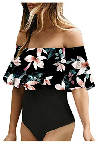 Bandeau Bikini Damen Badeanzug Mit Schwimmhilfe Women 's sexy Off-Shoulder BlumenBlätter Druck Badeanzug Damen Badeshorts Swimming Suits Women (D, L)
