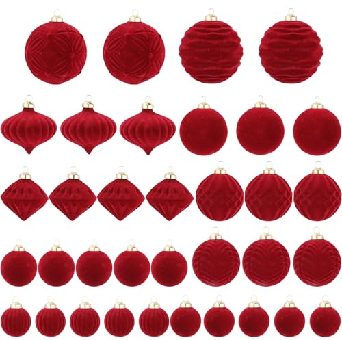 LEAZZLE 35 Stück Velvet Weihnachtskugeln Plastik Rot Set, Christbaumkugeln Kunststoff Rotweinrot, Weihnachten Deko, Zarte Christmas Decorations, Christbaumschmuck für Weihnachtsbaum,Party, Ø 4/5/6/8cm