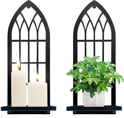 Gothic Wall Sconces Set of Two Candle Holder, Black Metal Gothic Wall Decor, Arched Church Wall Sconces, Rustic Farmhouse Home Wall Art Decor for Living Room, Bathroom, Bedroom, Dining Room(Arched)