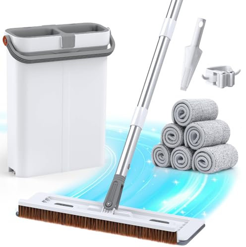 Euqvunn Flat Mop and Bucket Set, Wet and Dry Use Mop for Cleaning Floors with 6 Reusable Microfibre Mop Pads, Wash & Squeeze Mop Bucket, Scraper, Mop Holder – 40 x 12 x 135 cm