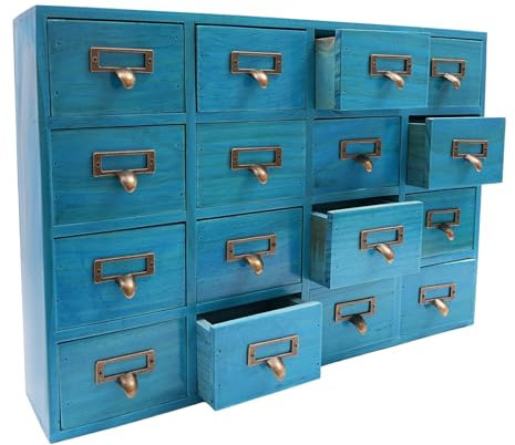 Dekltus Apothekerschrank Holz, 16 Schubladen Apotheker Schrank, Bibliothekskartenkatalogschrank, Medikamentenschränke, Kräuter-Aufbewahrungsbox, Blau