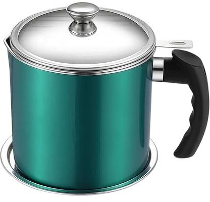 Komost Bacon Grease Container with Strainer, 1.3L 304 Stainless Steel Oil Container for Kitchen, Grease Saver for Frying Cooking Oil, Green