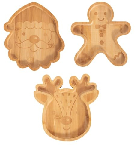 YöL Pack of 3 Kids Bamboo Christmas Dinner Plate - Festive Santa Claus, Gingerbread Reindeer Wooden Serving Tray for Children Baby Toddler - Eco-Friendly Dinnerware