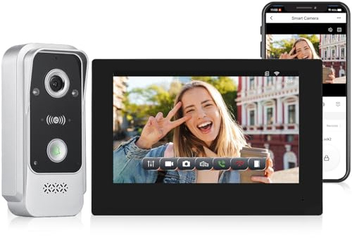FTes RFKits Interphone Vidéo 2 Fils avec Écran 7 Pouces,Tuya Smart,Vision Nocturne Infrarouge et Détection de Mouvement,3 Modes de Déverrouillage,Lecture, Contrôle Double Porte pour Villa/Portail