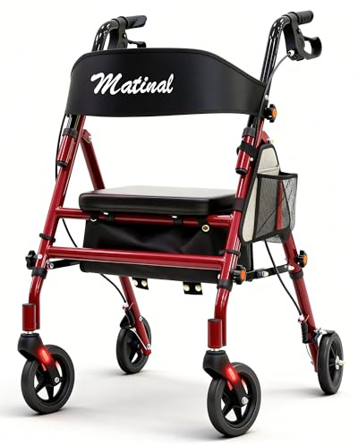 Matinal Leichte, Faltbare Rollatoren mit Sitz für Senioren, 160 kg Tragkraft, 5-fach höhenverstellbar, Hochwertiger Hybrid-Rollator – Aluminium und Kohlenstoffstahl (Rot)