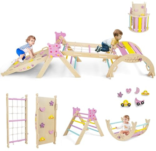 Costzon Pikler Triangle Set, 9-in-1 Foldable Baby Climbing Toys, Wood Montessori Climbing Set for Learning and Motor Skills, Indoor Playground Jungle Gym for Toddlers 3+ Climber Gifts (Pink)