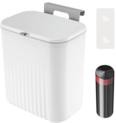 9L Hanging Kitchen Bin - Under Kitchen Counter Bins with Lid, Food Waste Caddy Rubbish Dustbin, Compost Bin Dustbin with12 Black Garbage Bags for Under Sink Cupboard Door, Camping, Bathroom (White)