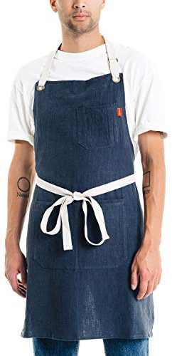 Caldo Linen Kitchen Apron for Cooking- Mens and Womens Linen Bib Apron for Professional Chef, Server, or Barista- Adjustable with Pockets (Navy)