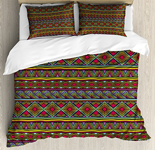 Ambesonne African Duvet Cover Set, Colorful Diamond Motifs with Angled Lines Lively Palette Geometric Borders, Decorative 3 Piece Bedding Set with 2 Pillow Shams, Queen Size, Pink Yellow