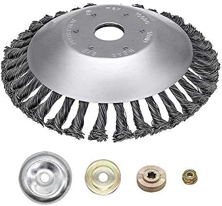 Ellxen Tête de désherbage Fil d'acier,200 x 25,4 mm Brosse à Désherber Ronde, Brosse de Debroussailleuse Universelle,Tête Brosse Désherbage avec 4 Accessoires, pour Les Jardins, Les pelouses