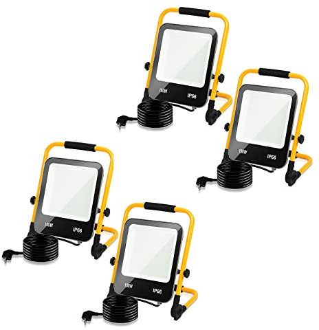Yakimz Lampada da lavoro a LED, 150 W, 13000 lm, 3 m, con cavo di alimentazione IP66, portatile e pieghevole, 216 LED, per officina, garage, bianco freddo, 4 pezzi