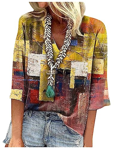 Chemisier Rayé Chemise Col V Femme Chemise A Rayure Femme Chemises à Manches 3/4 pour Femmes Grand Tee Shirt Femme Nuit T Shirt Femme Pyjama Blouse Orange Chemise Capuche Tee Shirt Femme