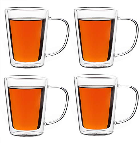 Monzana Set de 4 tasses à thé Double paroi avec anse 250 ml Tasses en verre transparentes Boissons chaudes Boissons froides Verre double paroi