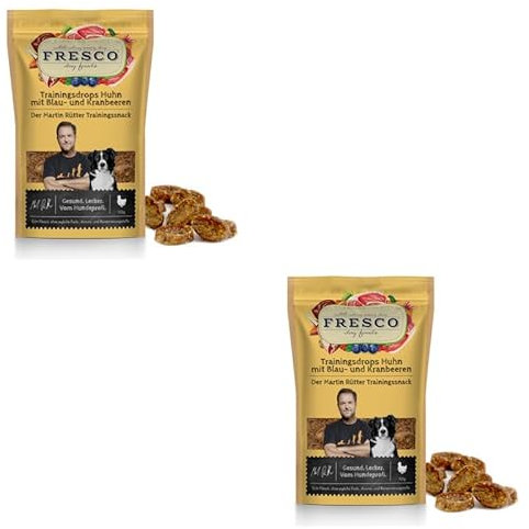 Fresco Martin Rütter Trainingsdrops Huhn mit Blaubeeren und Kranbeeren | Doppelpack | 2 x 150 g | Monoproteinsnack für Hunde | Ohne Reis und Kartoffeln | Echt-Fleisch Produkt