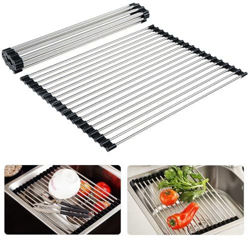 Dish Drainer Rack,Foldable and Removable Stainless Steel Dish Drying Over the Sink,Sink Drainer Rack for Cups,Fruits,Vegetables,Kitchen Draining Board,Super Kitchen Organiser (Black 42.8 * 34cm)