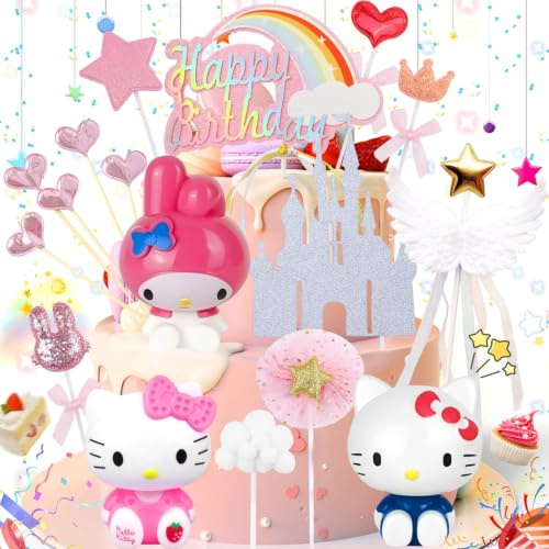 dcas 17 Piezas Dibujos Animados Gatito Decoracion Tartas, Decoraciones Tartas De Fiesta De Kitty, Gatitos Cupcake Toppers Decoration, Hello Cat Decoración Tarta, Arcoiris, Nubes Blancas, Castillo