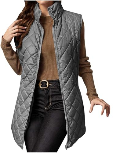 Chaleco largo acolchado para mujer, casual, ligero, acolchado, sin mangas, cálido, para invierno, color liso, cuello alto, cremallera completa, chaqueta acolchada básica para viajes y uso diario,