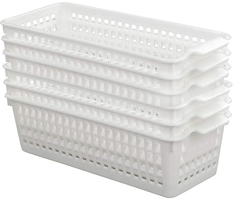 KIKINIKO Small Plastic Storage Baskets Set of 6, White - Kitchen Cupboards Organiser With Handle