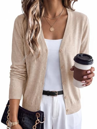 Arach&Cloz Women's Wool Business Casual Fall Cardigan Sweaters Apricot XL | Lightweight & Breathable, Long Sleeves V-Neck Button Down Sweaters, Fall Clothes for Work Office Daily Wear