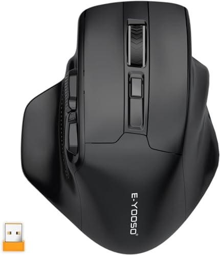 E-Yooso kabellose Maus für Mittelgroße bis Große Hände, ergonomische Funk-Computermaus, 6 Tasten, 5-stufiger 4800 DPI, bis zu 18 Monate Batterielebensdauer, für Laptop, PC, Chromebook (Schwarz)
