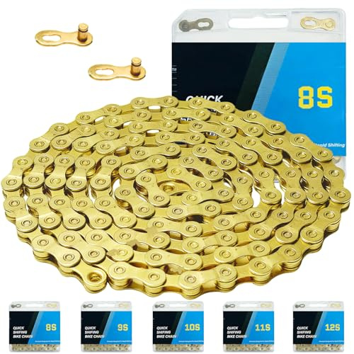 Gold Bike Chain 8 Speed, 1/2 x 3/32 116 Links for Road Bike Mountain Bike (Gold-8 Speed)