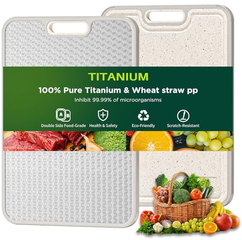 Titanium Cutting Board for kitchen, Dual Sided Food Grade Titanium & Wheat Straw PP, Non Slip Scratch Resistant Easy Clean, 15.5 x 10.5（1PC）