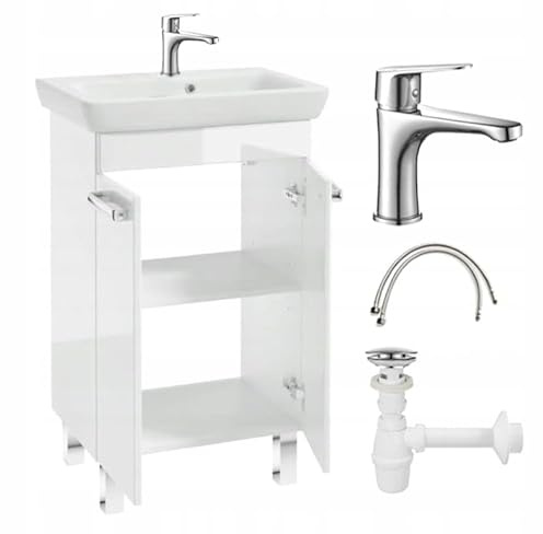.Deftrans – tvättställ med underskåp stående 55 cm set – badrumsmöbler högglans vitt – tvättställ med skåp och keramiskt handfat – inkl. kromarmatur, syfon och klickklack, 34,5 T x 55 B x 84,5 H cm