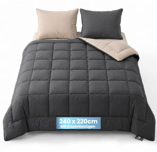 Slaapspeciaal Bettdecke ohne Bezug 240x220 - Ganzjahresdecke Wärmeklasse 2 | Steppdecke mit Gelfasern für Daunengefühl [Softcell Füllung] - Extra Weich - Inklusive waschbarem Kissenbezug - Grau Beige