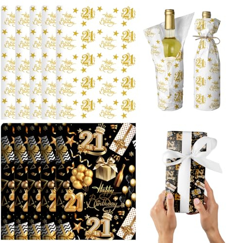 POPOYU Svart guld födelsedagspresent omslagspapper, gör-det-själv presentinslagningskit för män, kvinnor, 5 premium glansigt belagda omslagspapper, 5 silkespapper och 5 satinband för 21:a