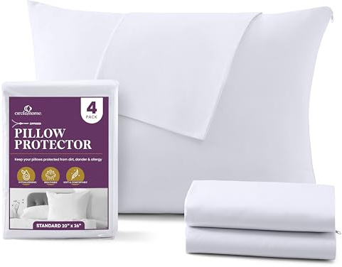 CirclesHome Pillow Protectors 4 Pack Standard Zippered - 100% Cotton Breathable Pillowcases - Protects Pillows from Dirt, Dust and Debri (Standard - Set of 4 - 20x26)