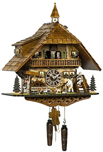 Trenkle Quarz Kuckucksuhr Schwarzwaldhaus mit beweglichem Holzhacker und Mühlrad, mit Musik TU 4259 QMT HZZG