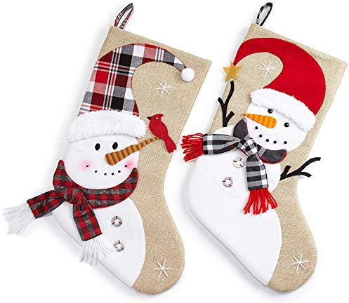 HEITMANN DECO Jute-Nikolausstiefel-Set - Großer Weihnachtsstrumpf 49 cm 3D Natur weiß rot zum Befüllen und Aufhängen - Schneemann