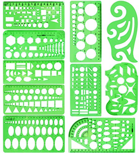 10 Pieces Measuring Plastic Templates Circle Template Geometric Drawing Templates Building Jewelry Design Formwork Rulers Clear Green Sets for Office and School.